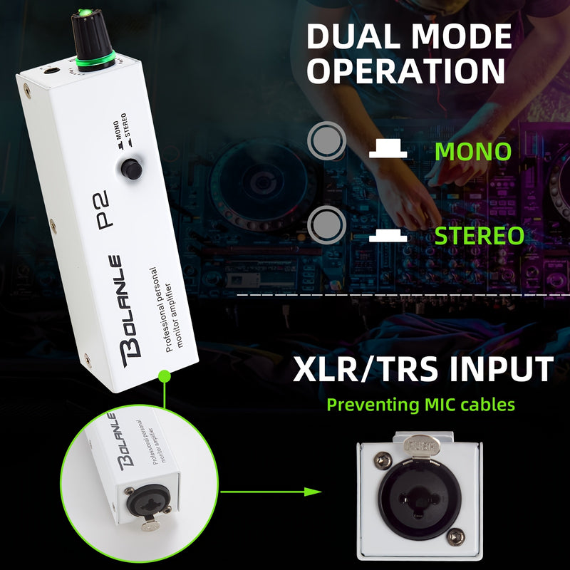 Amplificador portátil de monitores intraurales BOLANLE P2 con entradas XLR y TRS, salida de 3.5mm, interruptor estéreo/monofónico, para tecladistas, bateristas y guitarristas - Funciona con batería, metal, batería no incluida, configuración de estudio |