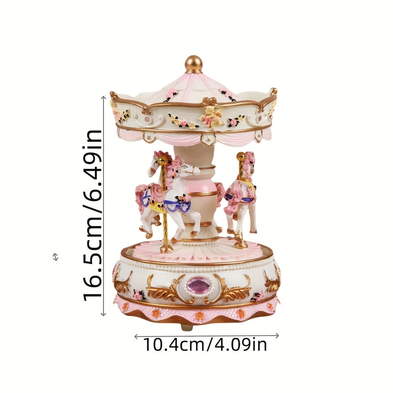 1 Pieza de Elegante Caja de Música Carrusel con Manivela - Decoración para el Hogar en Resina con Diseño Floral, Toques Rosados y Dorados y Detalles de Piedras Preciosas, Ideal para Sala u Oficina, Estética Decorativa