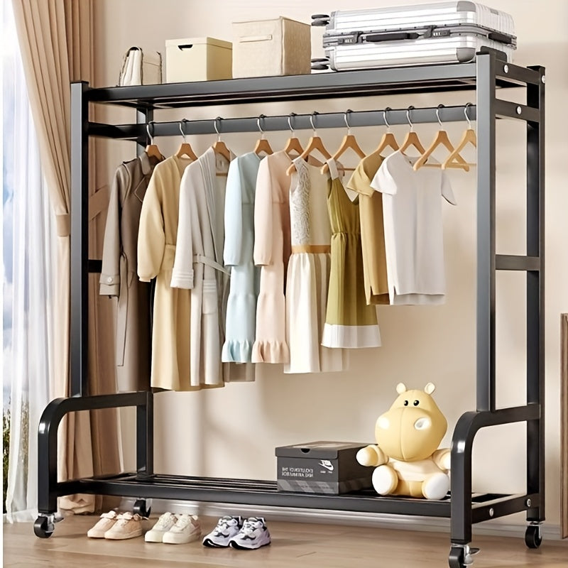 Perchero de Metal de Doble Barra con Cesta de Almacenamiento, Estantes y Ganchos - Organizador Portátil de Ropa, Fácil Montaje, Altura Ajustable, Diseño Ahorrador de Espacio para Dormitorio, Armario, Sala, Secado de Ropa