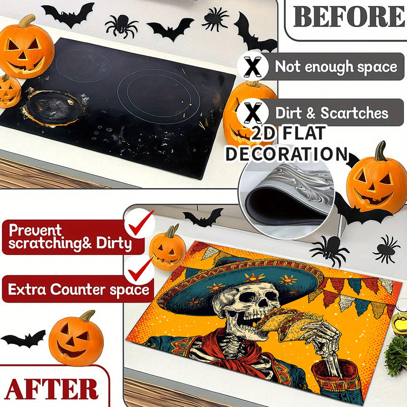 1pc Decoración de Estufa para Halloween - Esqueleto Mexicano, Revestimiento Antideslizante de Goma, Cubierta Plana Fácil de Instalar para Cocinas Eléctricas/Gas - Protector de Electrodomésticos y Decoración Festiva, Pieza Duradera en 2D