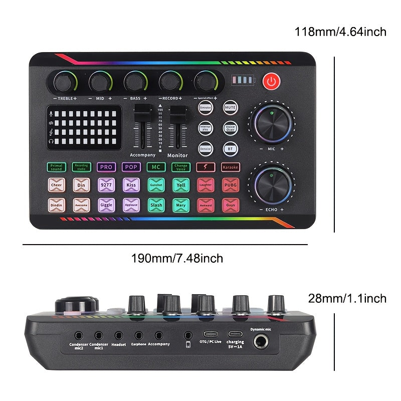 Tarjeta de sonido F998MAX alimentada por USB con interfaz de audio, efecto de mezcla DJ y función de conversión de voz, equipada con una batería de litio recargable de 1200mAh, utilizada para transmisiones en vivo, podcasting, juegos - equipo de estudio
