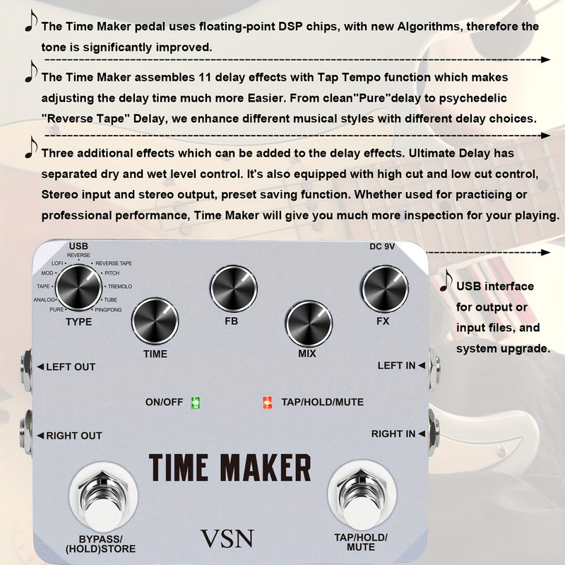 Pedal de retardo VSN Pedal de retardo de guitarra Time Maker 11 tipos de pedales de retardo definitivos Pedal de efecto de bajo con Tap Tempo True Bypass