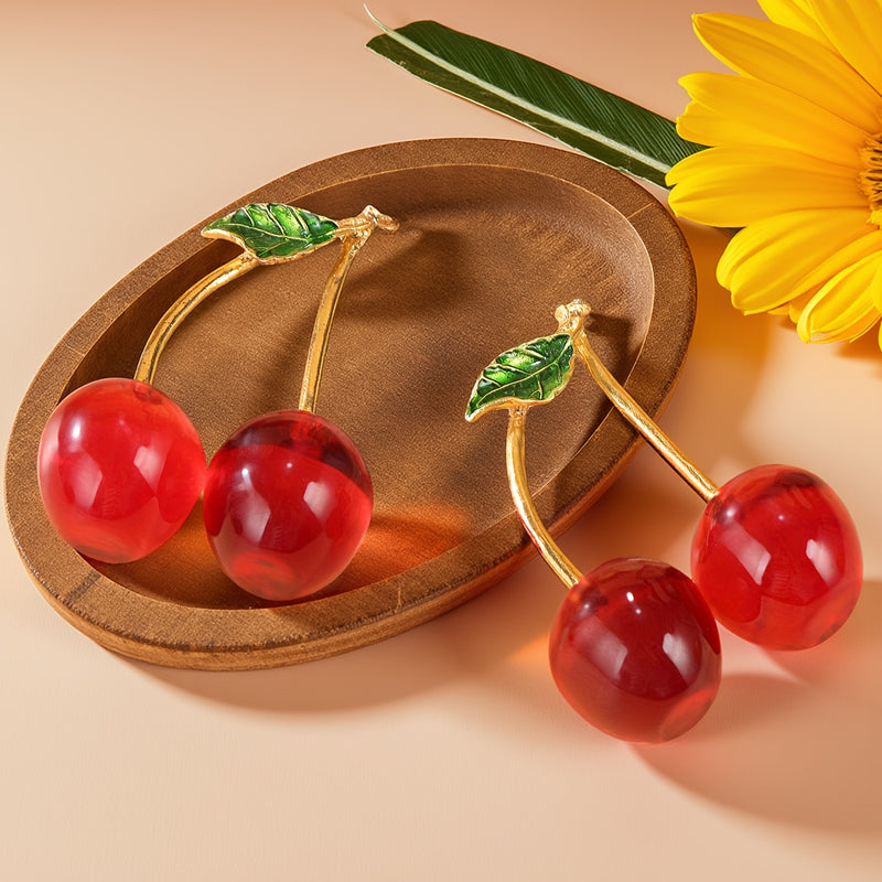 Par de Figuras de Cerezas de Cristal - Cerezos Rojos con Hojas Verdes y Tallos Dorados, Decoración para Interiores/Exteriores, Centro de Mesa Elegante sin Necesidad de Electricidad, Ideal para Sala, Oficina o Cafetería