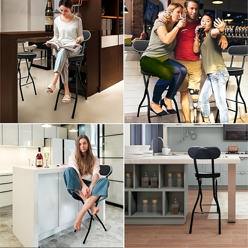 1pc Silla de bar plegable contemporánea, tapizada en cuero con relleno, estructura metálica, respaldo sólido, relleno de esponja, fácil de limpiar, diseño plegable para pisos duros, no requiere electricidad ni batería