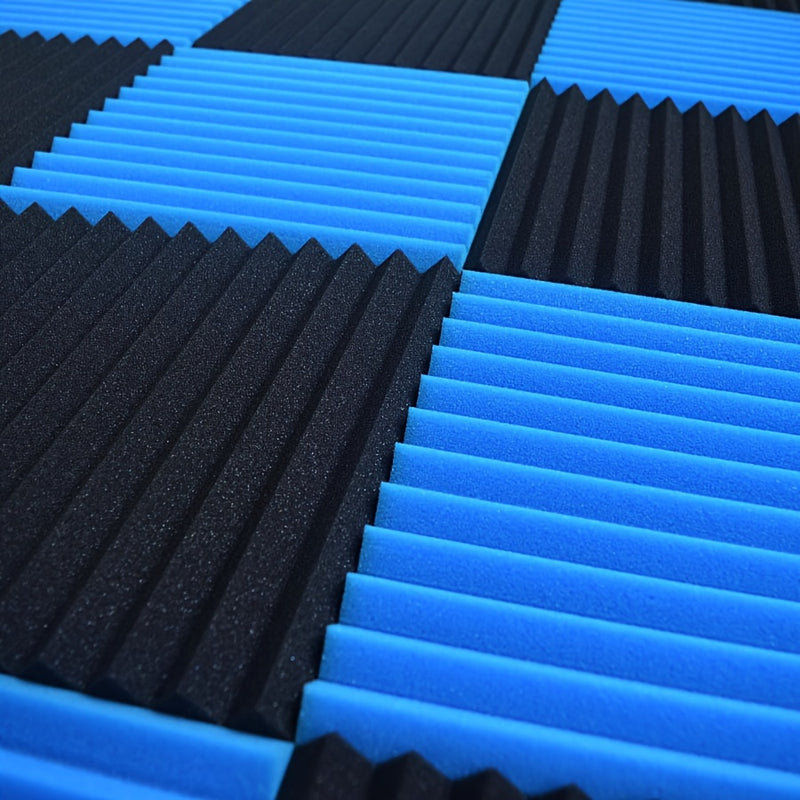 Conjunto de 100 piezas de Paneles de Espuma para Estudio VIBuilt con Aislamiento Fónico, 50 Negros + 50 Azules, 30.48cm x 30.48cm x 2.54cm Material de Grabación Acústica con Cinta Nano Doble Cara, Sin Daños en las Paredes, Ideal para Estudios y Grabacion