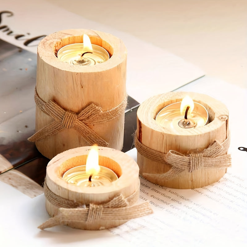 Juego de 3 Portavelas de Madera Pulida Hechos a Mano - Velas de Madera Rústica para Decoración de Fiestas y Cenas a la Luz de Velas en Casa