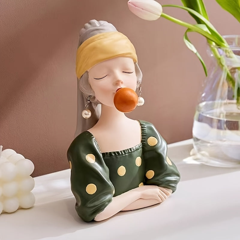 Figura Caprichosa de Resina - Chica con Pendientes y Soplándose Chicle en Burbuja, Decoración Nórdica para Sala, Dormitorio u Oficina, Sin Necesidad de Electricidad, Regalo Único de Cumpleaños o Inauguración de Casa, Adorno Fantasioso