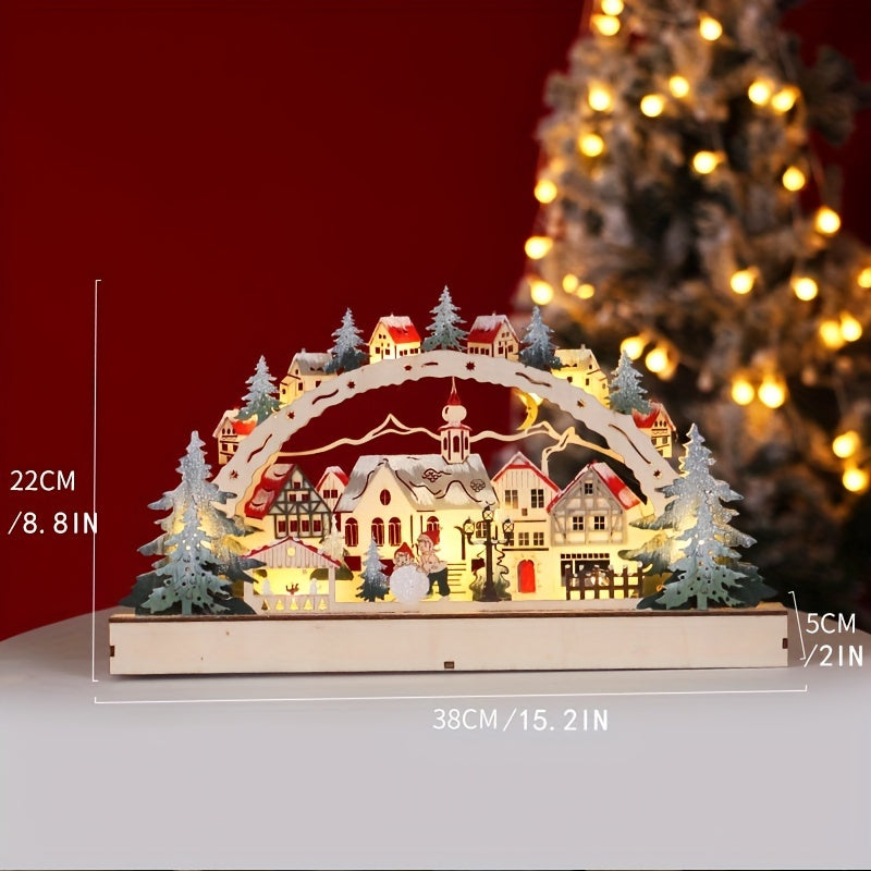 1pc Adornos De Luces LED De Navidad De Madera, Escena De Casa De Pueblo De Madera De Navidad Adorno De Bricolaje Iluminado Con LED, Mesa Rústica De Navidad Decoración De Navidad Centro De Mesa