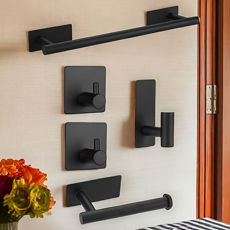 Juego de 5 accesorios para baño de acero inoxidable - Incluye barra para toallas, portarrollos de papel higiénico y gancho para albornoz - Fácil instalación sin taladrar - Opción perfecta para decoración del hogar, regalo de Navidad/Halloween