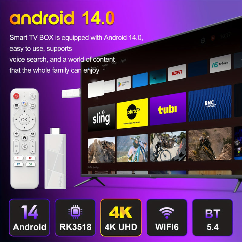 2025 Nueva Llegada H96 MAX RK3518 Smart TV Stick con Android 14.0, WiFi6, BT5.4, Ethernet 100m, Resolución 4K@60Hz, Salida HD, Asistente AI Caja Reproductor de TV