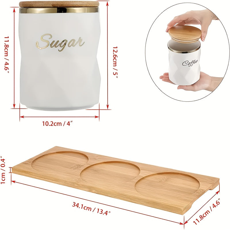 Juego de 3 Tarros Cerámicos con Borde Dorado y Etiquetas Grabadas, Bandeja de Madera - Almacenamiento Elegante para Azúcar, Café, Té - Ideal para Oficina y Cocina