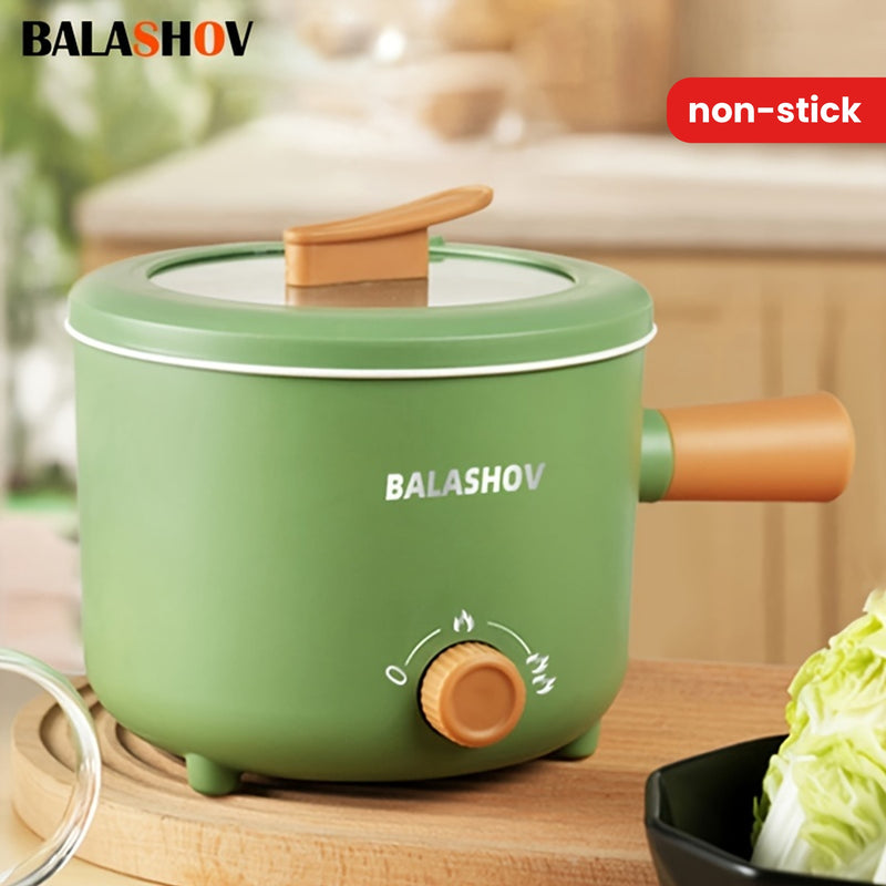 BALASHOV 1.6L Olla Eléctrica Antiadherente con Rejilla de Vapor, Cocinero de Ramen Portátil y Rápido, Ajuste de Potencia, Sartén Antiadherente para Saltear, con Conector US, Alimentación de 110V-130V, para Cocinar Pasta, Fideos, Bistec, Habitación de Res