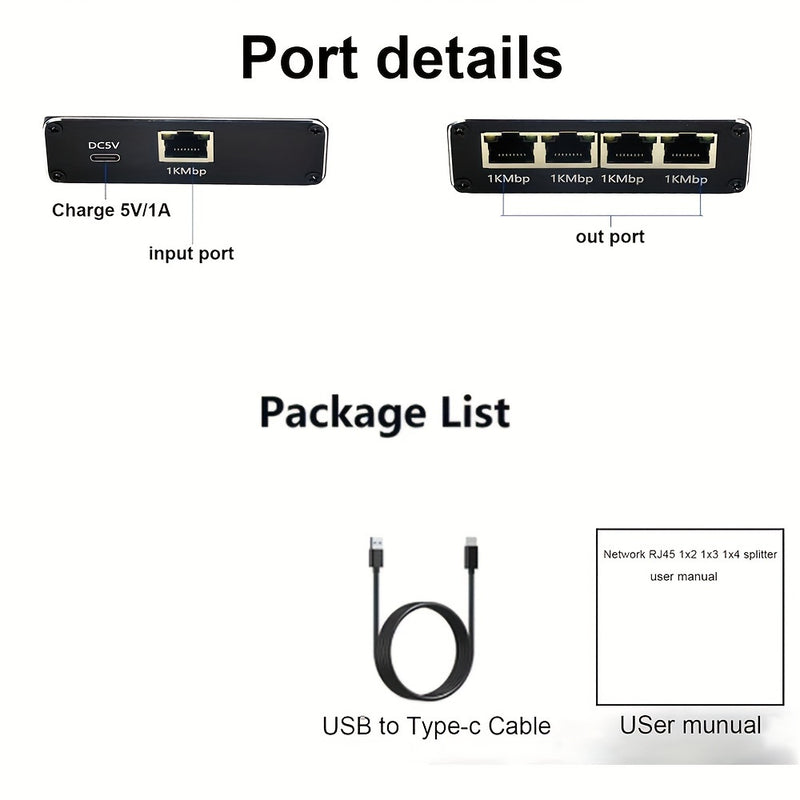 Divisor de red Gigabit Ethernet de 1 a 4, concentrador de red de 1000 Mbps con cable de alimentación USB, conector RJ45, acabado mate, compatible universalmente con cables Ethernet Cat5/5e/6/7/8, hub de distribución de red para múltiples dispositivos sin