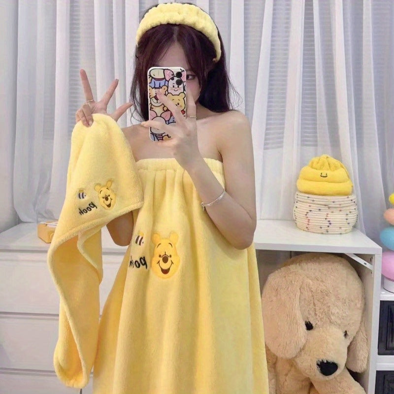 Conjunto de 3 piezas Toalla de Baño Oso Fresa & Oso Winnie & Grandes Ojos, Toalla de Baño con Vendaje + Gorro de Ducha + Lazo para el Cabello Conjunto de Tres Piezas, Bata de Baño Absorbente y Envolturable Lindo de Dibujos Animados, Sombrero Secador de P