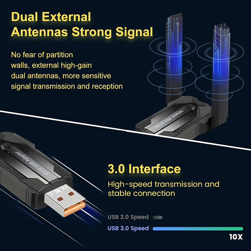 Adaptador USB WiFi 6 para PC de Escritorio, AX900 Mbps Cobertura Extensa Doble Banda 5G/2.4G USB 3.0 Transmisor sin varillas WiFi 6 Compatible con Windows 11/10/8/7