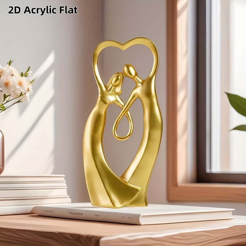 1 pieza, estatua de pareja dorada plana de acrílico, adorno, regalo de boda, decoración del hogar, dormitorio, ideal para enamorados, con base ovalada de acrílico, 2D plana