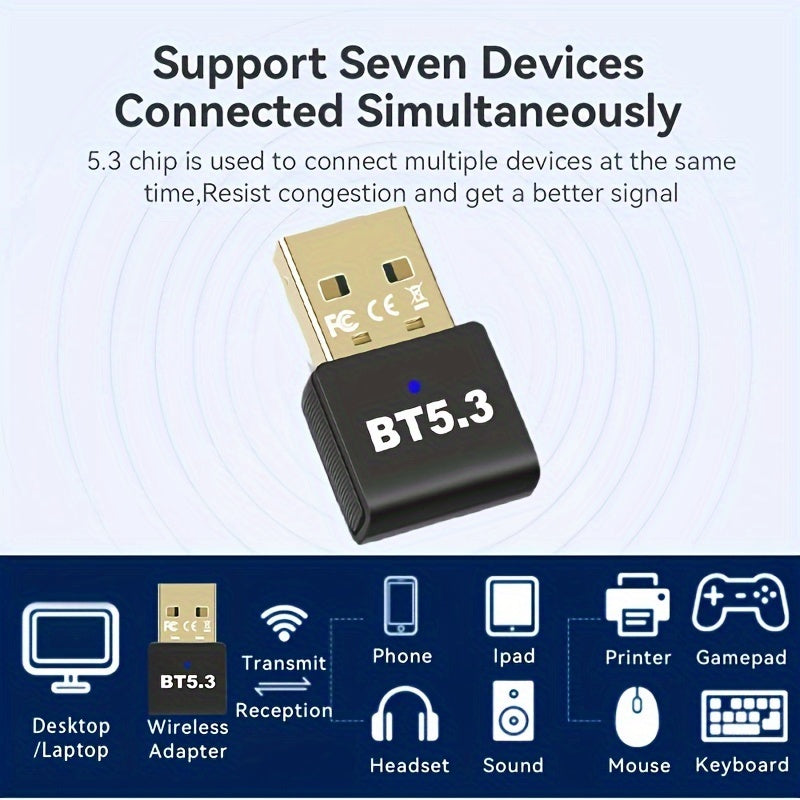 Adaptador inalámbrico USB 5.3 para PC, auriculares, teclado, ratón, altavoces - Plug and Play, compatible con Windows 11/10/8.1, compatible con versiones anteriores de 5.2/5.1/5.0/4.2/4.1/4.0, admite 7 dispositivos, no requiere batería.