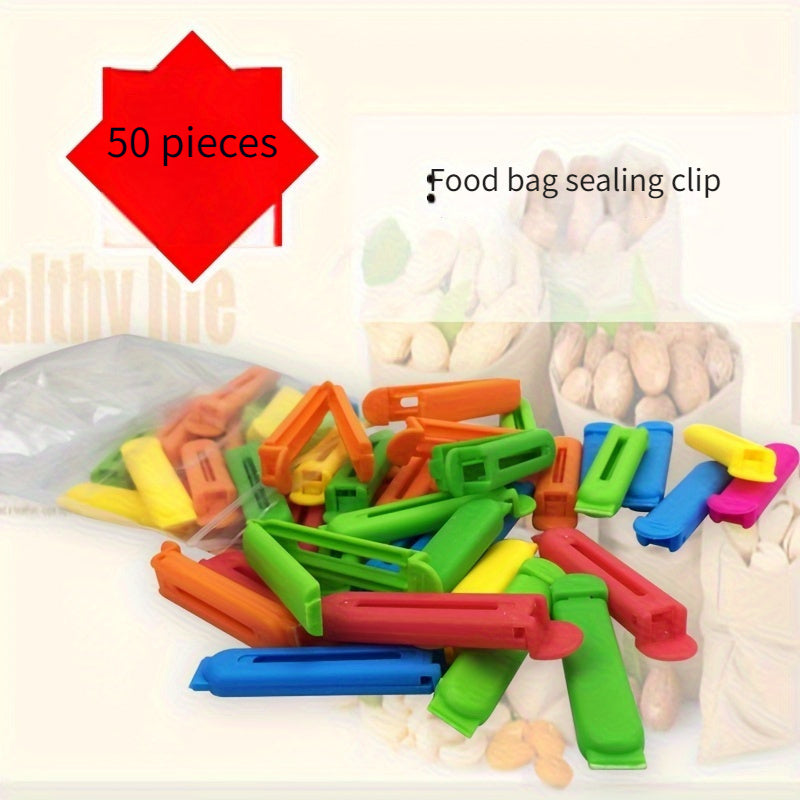 50 piezas de pinzas de plástico PP duraderas de 7.01 cm para bolsas de alimentos, selladores de frescura, multicolor, para snacks y cocina, a prueba de humedad y fáciles de usar, pinzas para bolsas de comida