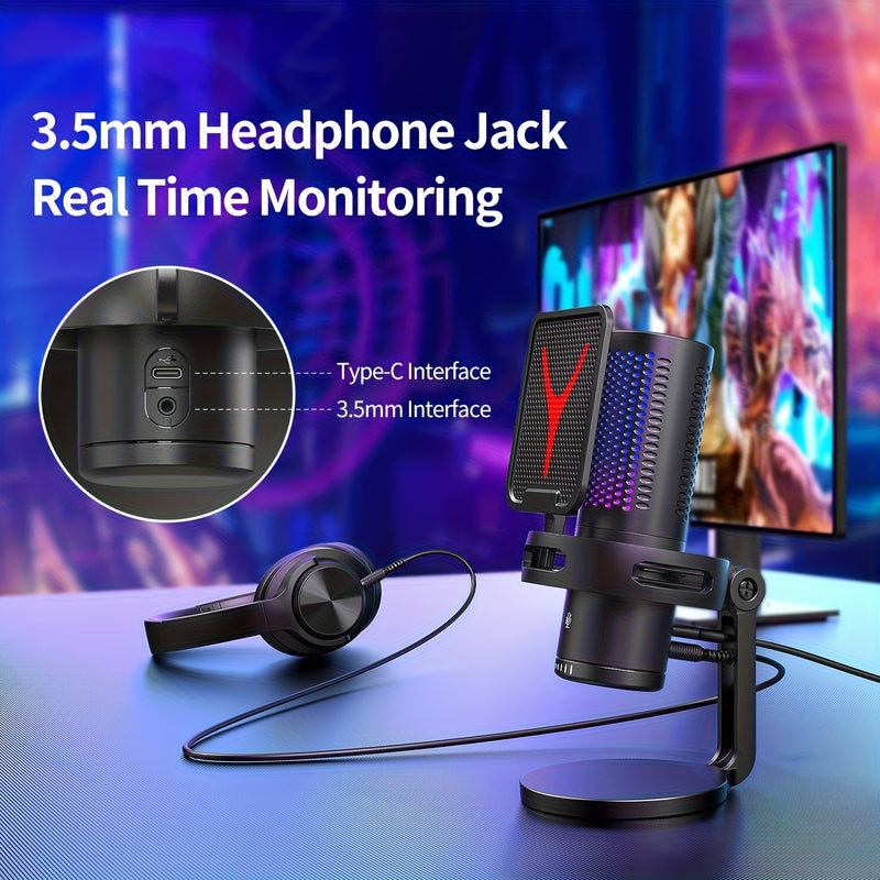 Microfono de Juego RIKSOIN RGB USB-C con Cancelación de Ruido, Silencio Rápido, Trípode Ajustable y Diseño Antigolpes, Control de Volumen Plug-and-Play, Iluminación RGB en Tiempo Real - Compatible con PS4/PS5/PC para Streaming, Videoconferencias (), Grab