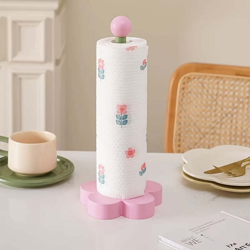 Porta Rollos de Papel Higiénico con Diseño Floral Encantador - Dispensador Independiente sin Taladro en Rosa Pastel y Verde, Madera Natural de Pino para Cocina, Baño o Sala - Decoración Elegante, Organizador Rústico, Duradero, Regalo Ideal para Interiores