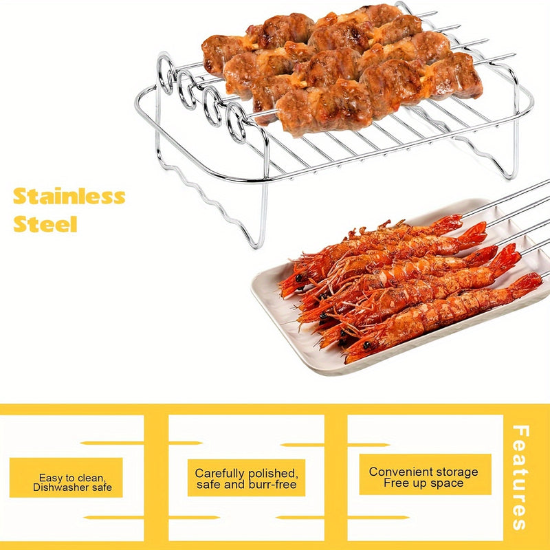 Juego de Accesorios para Freidora de Aire de Doble Cesta de 6 Piezas para Ninja DZ201 y Otros Modelos de 8QT-10QT - Incluye 2 Rejillas de Acero Inoxidable y 4 Brochetas, Ideal para Cocinar Eficientemente y Kebabs Gourmet