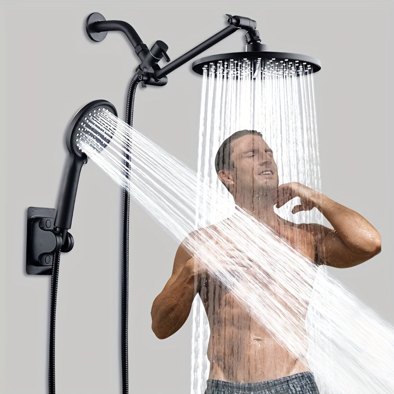 Cabezal de Ducha de Lluvia de Alta Presión con Brazo de Extensión de 10" - Montado en la Pared, Soporte Ajustable a Prueba de Fugas & Combo de Rociador Manual, Acabado Pulido
