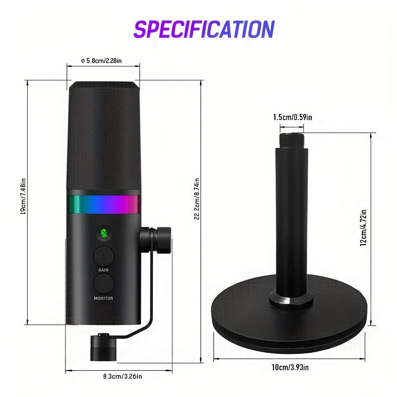 Micrófono Dinámico AmaceX RGB con XLR/USB - Ideal para Podcasting, Gaming, Grabación y Voz en Off | Construcción Metálica con Función de Silencio