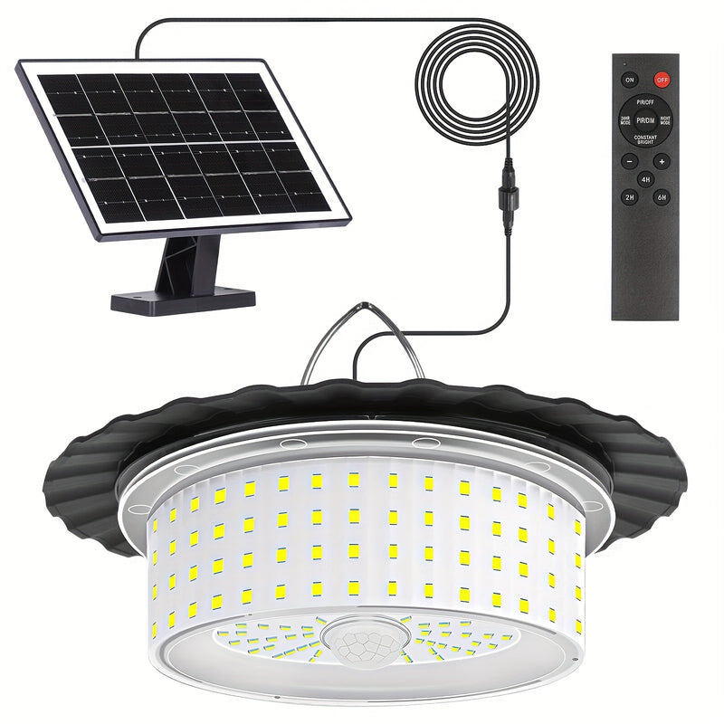 1-Pack Luz Solar para Cobertizo con Control Remoto, 244 LED Lámpara Colgante Solarte, Sensor de Movimiento y Impermeable IP65, Iluminación Exterior/Interior con Cuello Ajustable, Panel Solar, para Garaje, Patio, Camping, Jardín, Granero - Iluminación LED