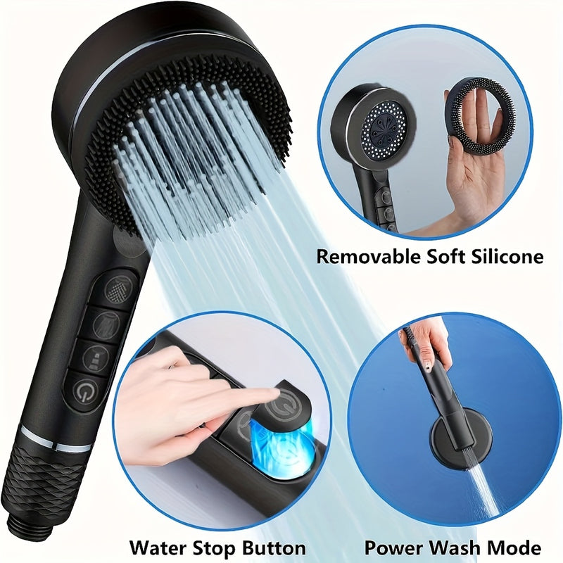 Cabezal de ducha portátil de alta presión con chorros ultra potentes, negro, PVC, incluye manguera de 1,5 m y soporte - Instalación fácil, no necesita electricidad, ideal para uso doméstico, accesorio de baño | Artículo práctico de baño | Cabezal de duch