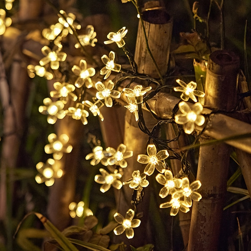 Lámpara solar decorativa para exteriores con luces de cerezo, 1 cuerda, material plástico, temática floral, regulable, control con botón, 8 modos de iluminación, panel solar en marco metálico, iluminación para jardín | Luz elegante | Duradera, luces sola