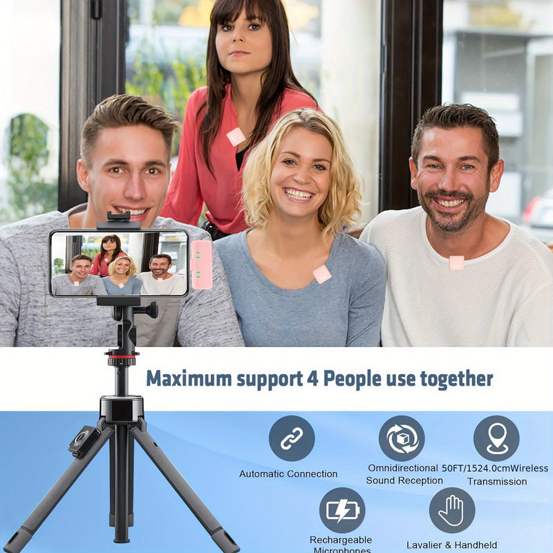 Microfonos Inalámbricos Profesionales Lewinner de 4 Piezas - Conexión USB-C, Reducción de Ruido, Diseño con Pinza y Pompóns Suaves, Rosa, Ideales para Karaoke, Transmisiones en Vivo y Grabación de Vídeo