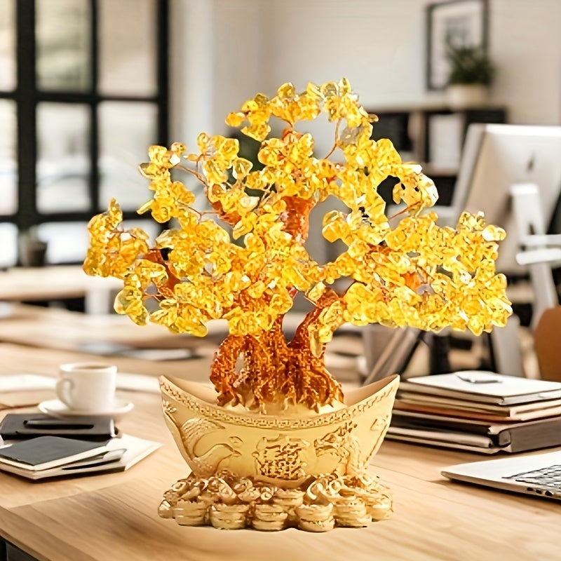 Árbol de Cristal de Oro - Decoración de la Fortuna del Feng Shui, Planta de Interior/Exterior, Ornamento de Escritorio, Estilo Bonsái de Cristal Natural, Decoración de Oficina | Árbol de Cristal de Oro | Artesanía de Cristal, Decoración de Cristal