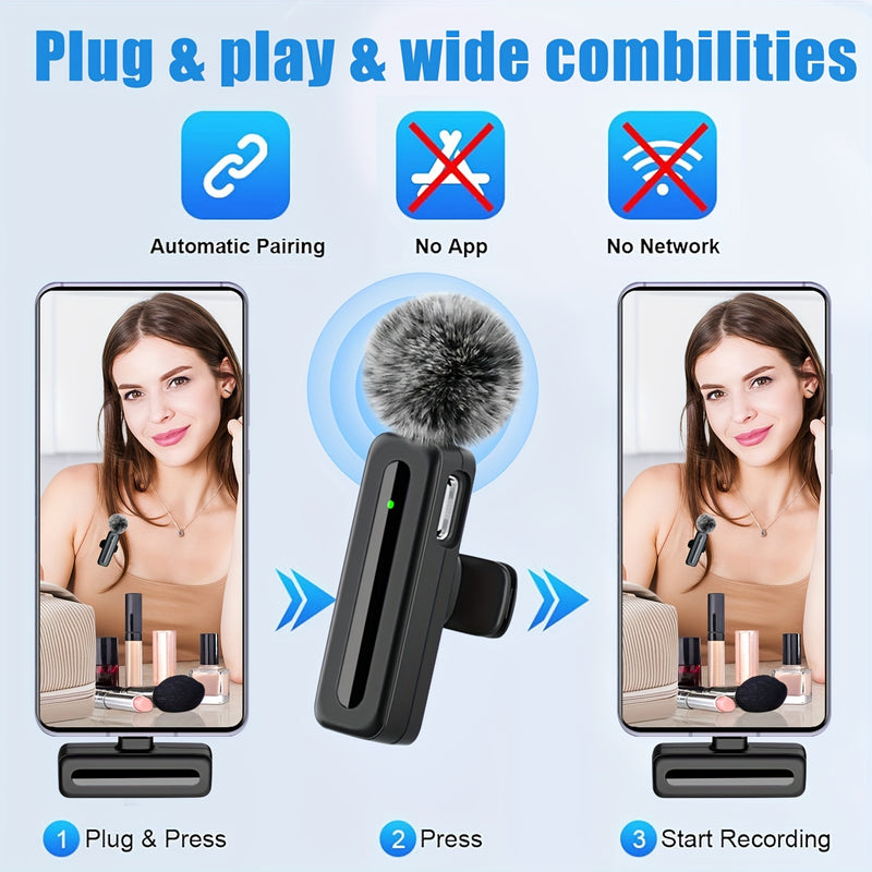 Micrófono inalámbrico lavaliere para teléfonos inteligentes de tipo C, Android, clip-on, plug and play, mini micrófono lavaliere para teléfono, entrevistas de video, vlogs.
