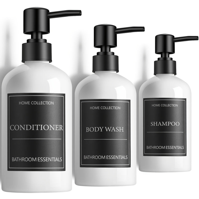 Juego de 3 Dispensadores de Champú y Acondicionador GAONLY - Botellas Modernas de PET de 16.9oz para Jabón de Ducha con Bomba y Etiquetas - Dispensadores de Gel de Baño Fáciles de Recargar para una Decoración Instantánea del Baño - Regalo de Navidad