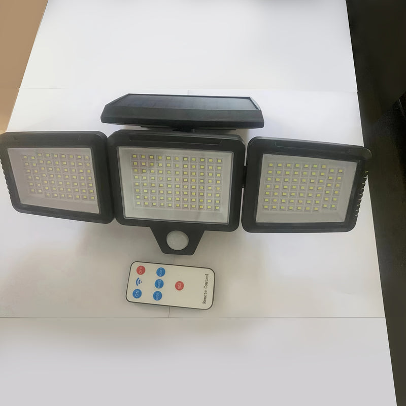Paquete de 2/1 Lámpara Solar Exterior con Control Remoto, Luz de Seguridad de 210 LED con Sensor de Movimiento y Tres Cabezas, Ángulo Amplio de 270°, Resistente al Óxido, 3 Modos