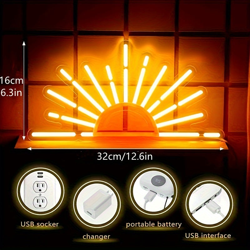 Letrero de neón naranja de atardecer o amanecer, 1 unidad, luces LED de pared con diseño de sol en el horizonte, decoración para habitación, sala, cocina, baño u oficina, funciona con USB