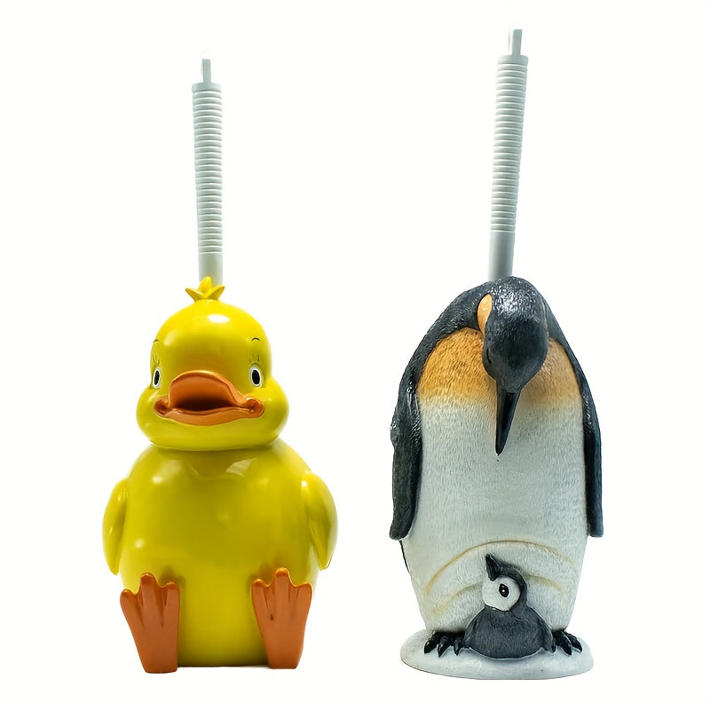 Juego de Cepillo de Baño Ahorra Espacio con Patito y Pingüino con Soporte - Fácil Limpieza, Diseño Compacto para Almacenamiento en el Baño, Mango de Resina Duradero, Idea de Regalo Perfecta
