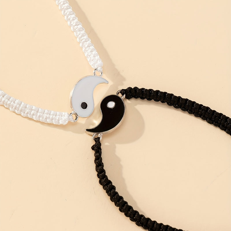 2 unidades de pulseras de pareja Yin Yang Tai Chi, cuerda de poliéster ajustable, estilo de vacaciones sencillo, tema de símbolos religiosos, regalo de amistad para usar diario para mejor amigo/novio/novia - Todas las estaciones