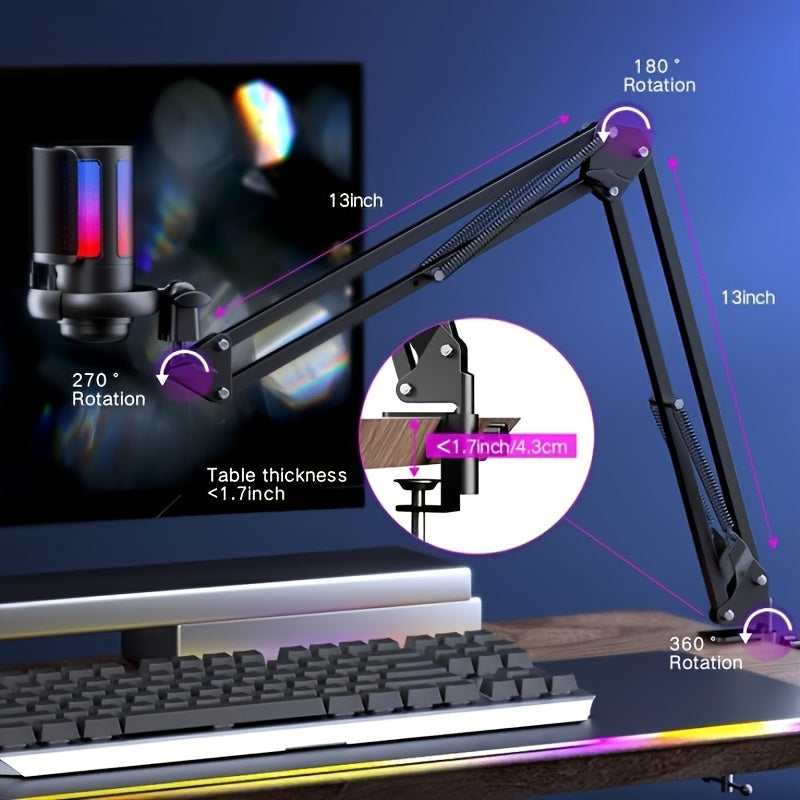 Micrófono de condensador de escritorio USB, micrófono de grabación para videoconferencias y llamadas de voz de juegos, con soporte de caballete, reducción de ruido, luz RGB, táctil, adecuado para computadoras PC, portátiles, transmisiones en vivo, podcas