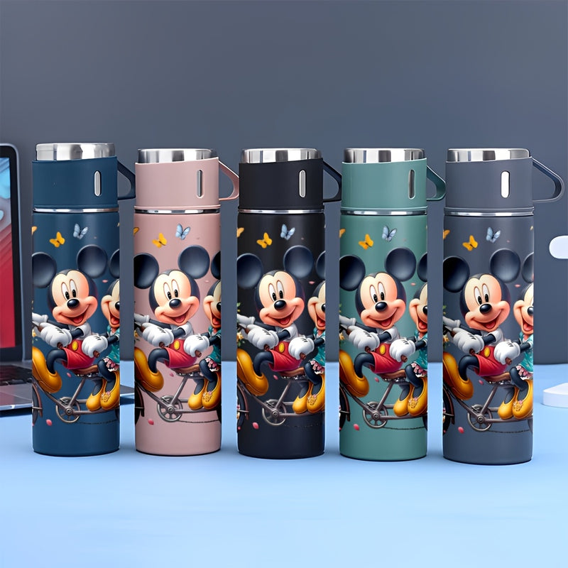 Juego de Taza Portátil Elegante de Acero Inoxidable con Una y Tres Tapas para Bebidas Calientes y Frías de 17oz de Disney Mickey Mouse y Minnie Mouse, Ideal para Negocios y Escuela, Regalo para Eventos Comerciales Disponible en Exceso LHB03191