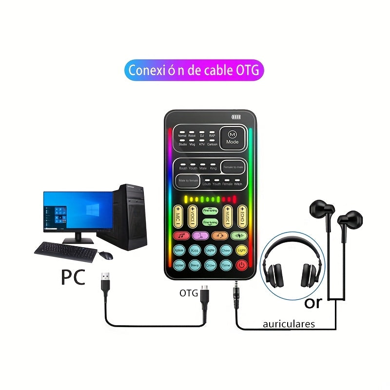 Kit portátil para podcast con cambiador de voz, 8 efectos de voz, ajuste de sonido, incluye micrófono de mano con cable, compatible con celulares y computadoras