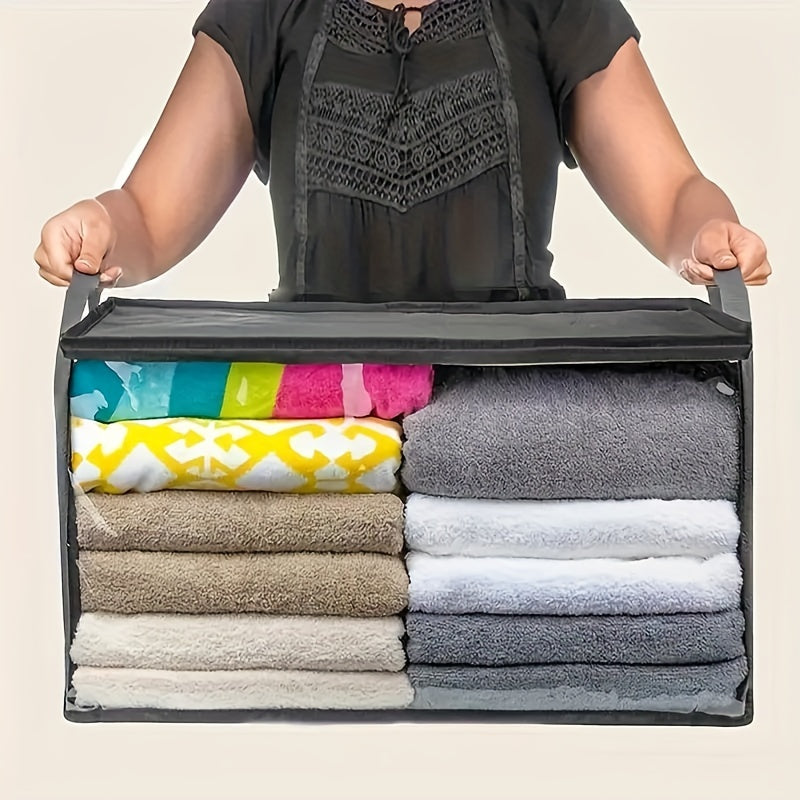 Caja de almacenamiento plegable de gran capacidad 14.27 galones, gris, estilo moderno, tela resistente, ventana transparente, asas resistentes, uso múltiple para ropa, ropa de cama, almohadas, cobijas - plegable y portátil, organización de clóset | Caja