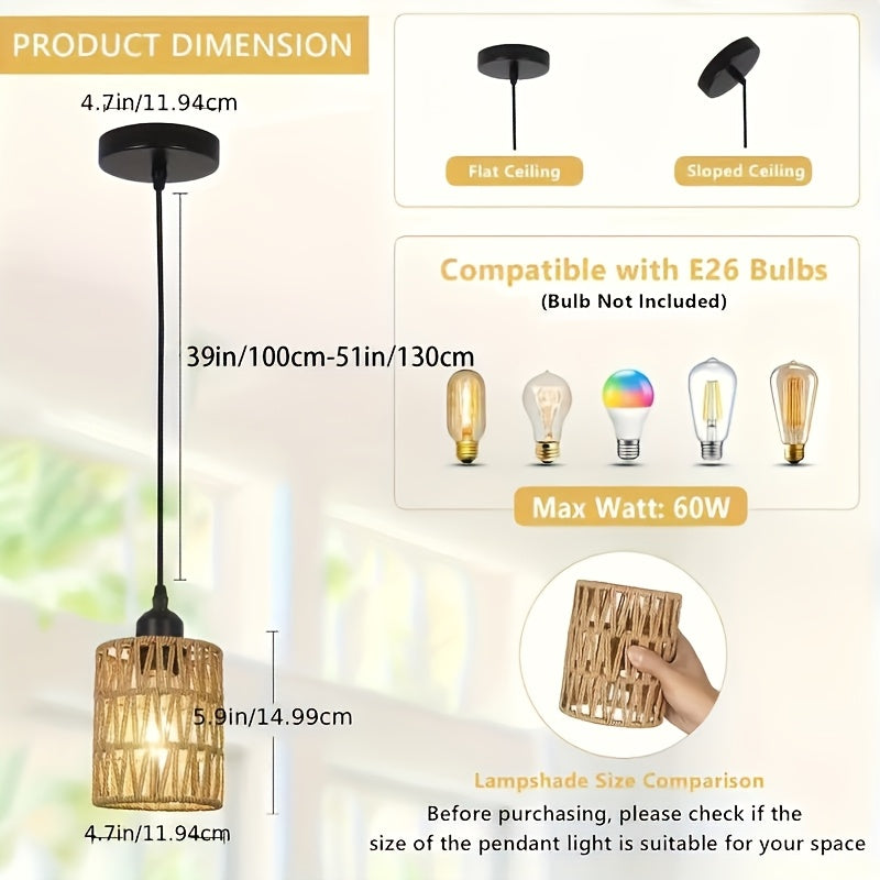 1 lámpara colgante de estilo bohemio - Sombrilla de mimbre tejido a mano, lámpara colgante ajustable de estilo granjero con enchufe E27, ideal para decoración de islas de cocina, comedor, sala de estar, bar y dormitorio, acabado metálico moderno, no incl