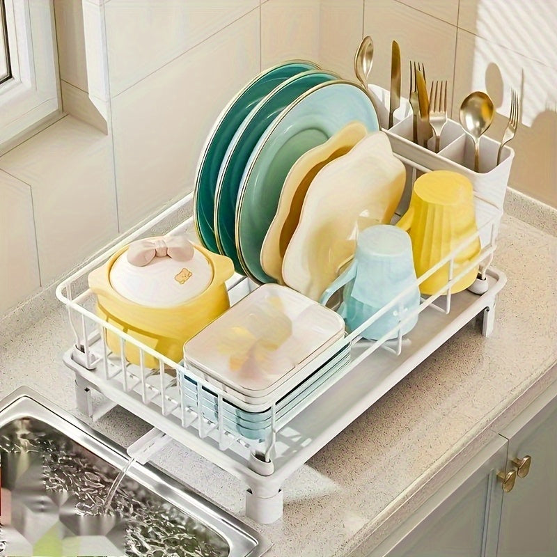 1pc Estante de Metal Ahorrador de Espacio con Portavasos y Tabla de Drenaje, Organizador de Cocina para Encimera, Estante de Acabado Pintado para Almacenamiento de Platos y Cubiertos - Negro/Blanco, Estante de Pie
