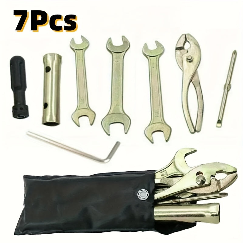 Juego de Herramientas Portátil Manual de 7 Piezas para Reparación de Motocicletas, Incluye Destornillador, Llave Inglesa, Cabezal de Bujía y Estuche Metálico, Ideal para Mantenimiento del Hogar, Jardinería y Actividades al Aire Libre