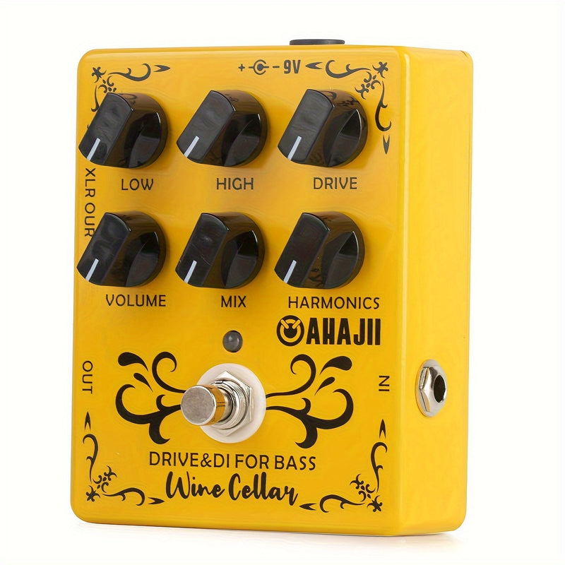Pedal AHAJII CP-XLR Output Bass Driver DI para Guitarra/Pedal - Efectos True Bypass con Sonido de Amplificador Tubo, Controles Drive/High/Mid/Low, Emulación Analógica de Gabinete - Pedalboard Compacto Amarillo para Bajo y Guitarra Eléctrica, USB (36V), M