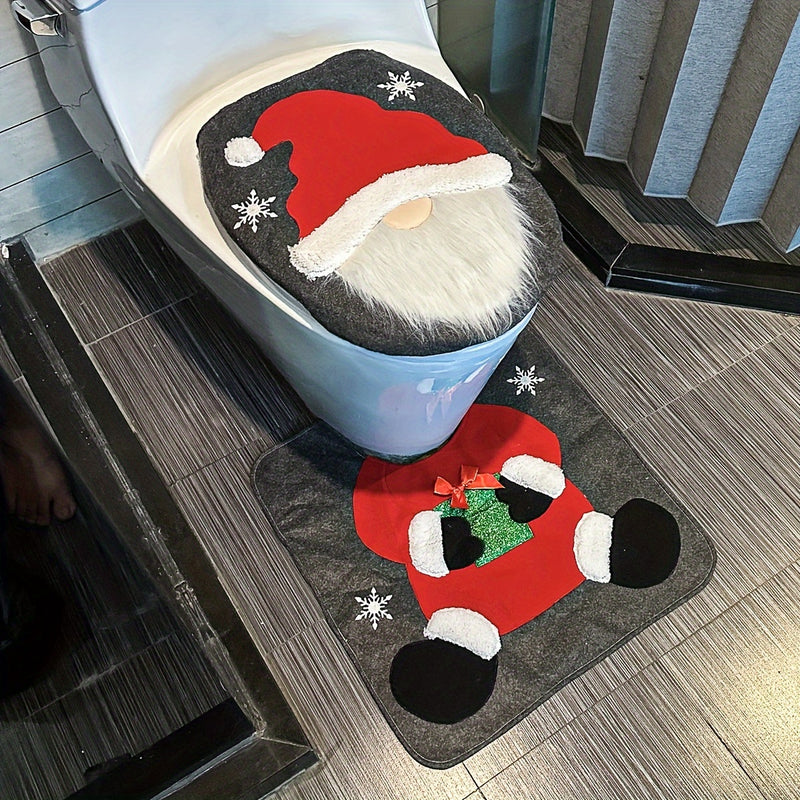 Juego de 2 piezas, cubierta de asiento de inodoro y alfombrilla con personajes de Papá Noel y hombrecito de nieve, decoración de baño estacional, regalo de Navidad creativo, accesorios para diseño de hogar adecuados para vacaciones.