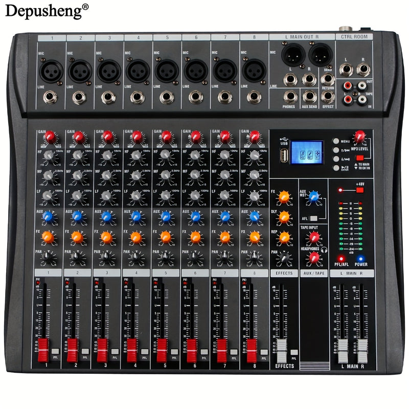 Mezclador de audio profesional DEPUSHENG de 6/8/12 canales - Negro, encendido, 110V-130V, estándar estadounidense, con USB, XLR, alimentación fantasma y entradas/salidas RCA para DJs, estudios y bares