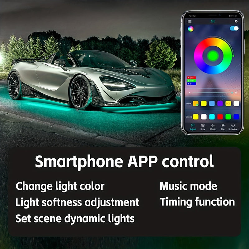 4 piezas de luces LED RGB para coche, luces LED para coche con aplicación, luces de tira de luz inferior para coche con modo de música, kit de luces LED de luz inferior para SUV, camiones, regalo de Navidad