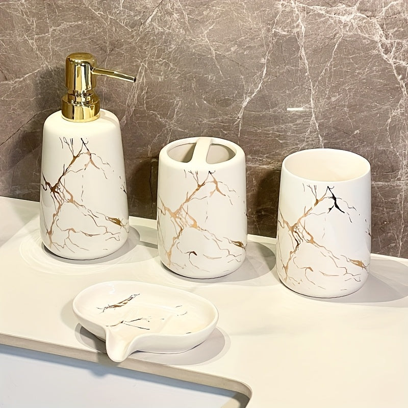 Juego de 4 piezas de cerámica con diseño de mármol para baño, incluye vaso para cepillo de dientes, dispensador de jabón líquido, ideal para hogar, alquiler o hotel